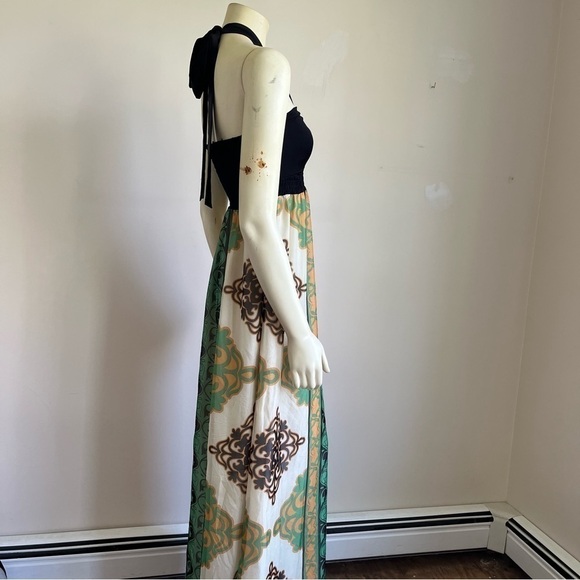HALE Bob Women’s Gorgeous Printed Silk Halter Maxi Dress Boho Glam Green Brown S - Picture 3 of 13